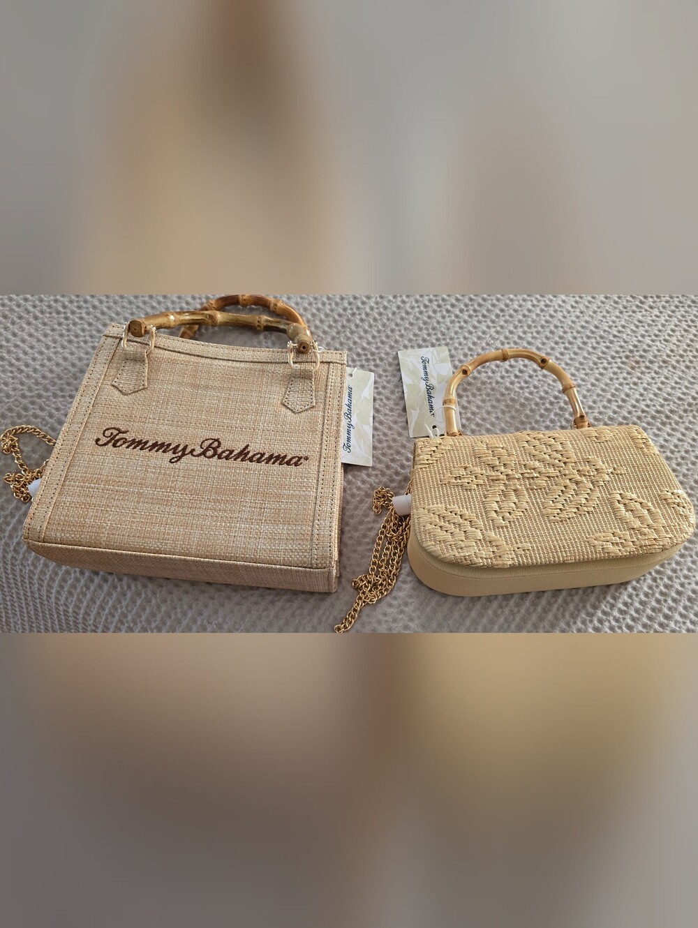 Tommy Bahama NWT Bundle Natural Beige Woven Medium & Mini Bags w/ Bamboo Handles - Picture 2 of 2